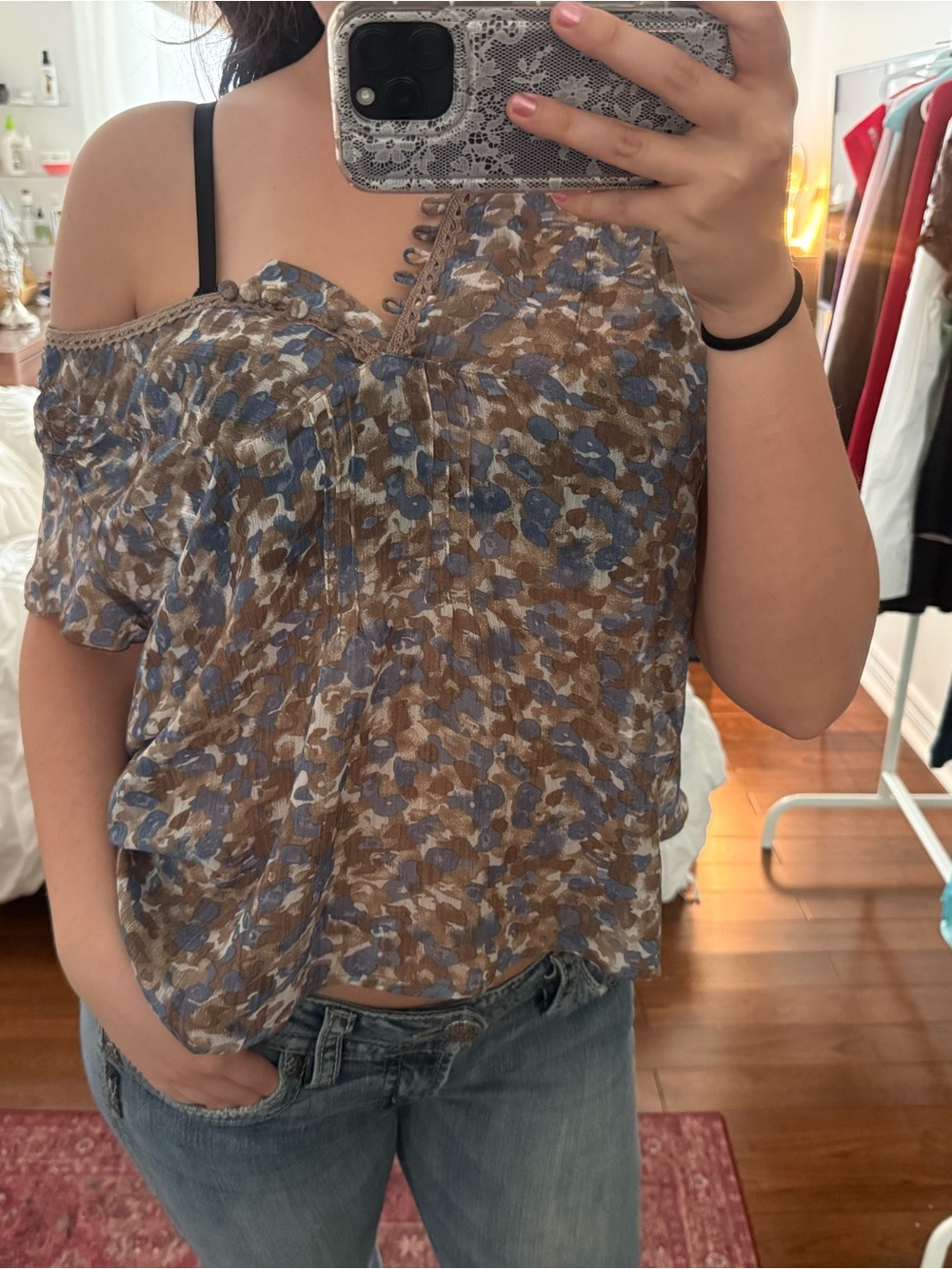 Boho Brown & Blue Floral Off-Shoulder mesh Camisole